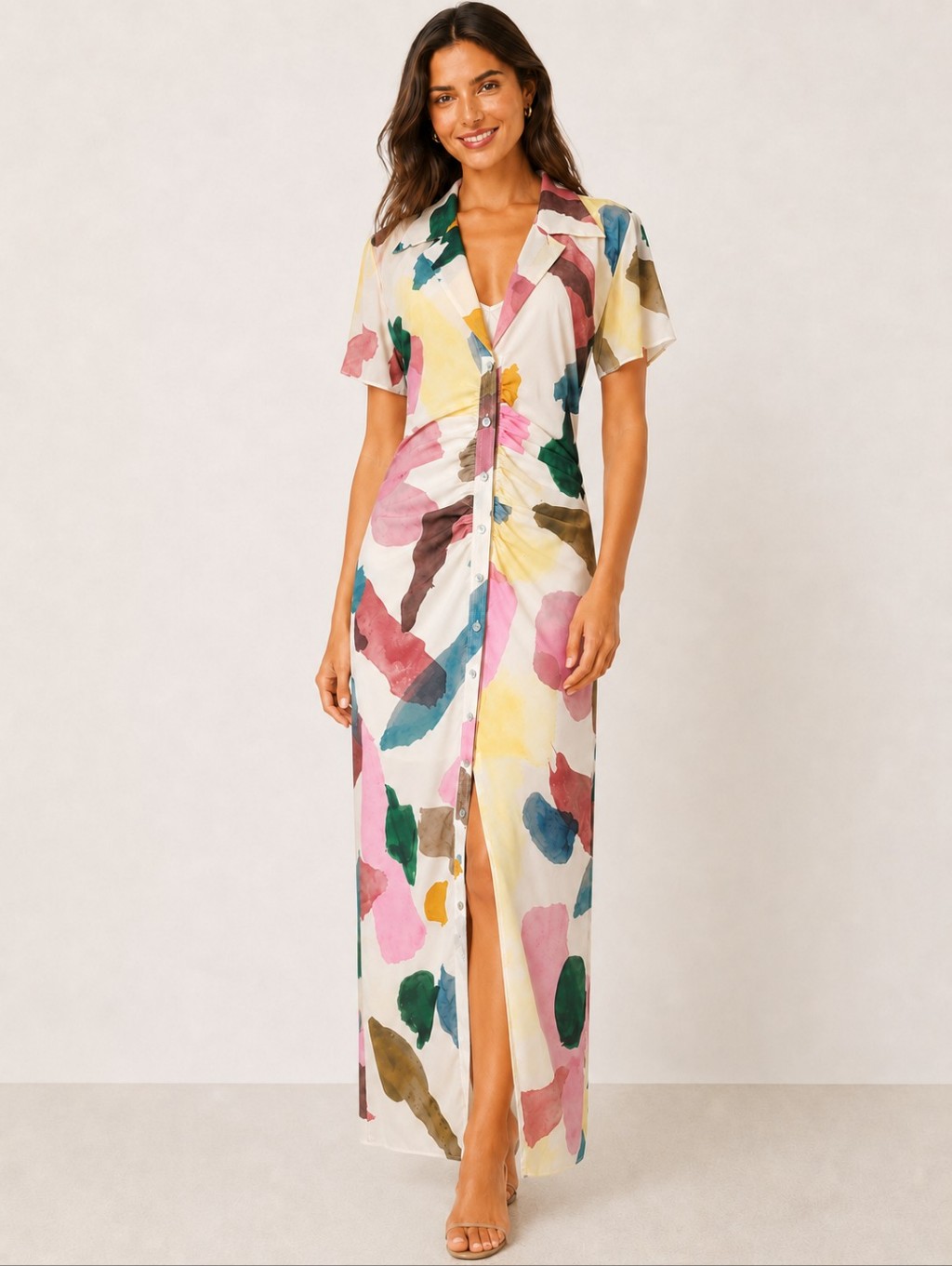 Song Of Style Holland Midi Dress Watercolor Print Ruched Waist M